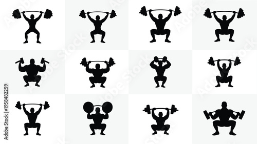 Silhouette illustrations of muscular figures performing weightlifting exercises with barbells and dumbbells in dynamic poses