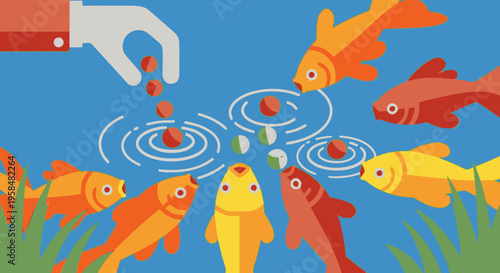 Feeding Goldfish in a Pond.