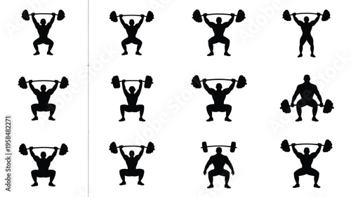 Silhouettes of weightlifters performing squats with barbells in a minimalist black and white vector design showcasing strength and fitness in clean isolated figures