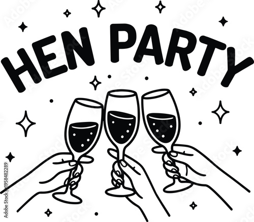 Hen party celebration illustration with women toasting wine glasses, bachelorette party concept, festive girls night design with sparkling stars for bridal celebration theme