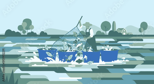 Fisherman Catching Fish in Blue Baskets with Net.