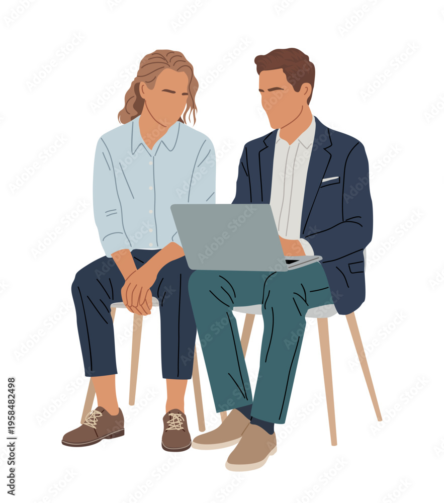 Fototapeta premium Two professionals sit side by side, focused on a laptop. One person rests hands on their lap, attentive. The other gestures, perhaps explaining something. They sit on simple chairs, facing inward