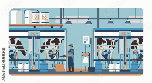 Modern Dairy Farm Milking Station with Cows and Farmer.