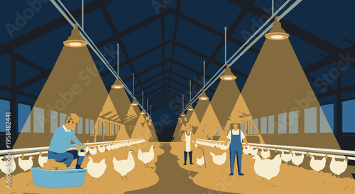 Modern Poultry Farm with Workers and Chickens.