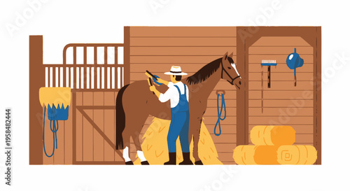 Person grooming a brown horse in a stable.