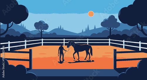 Person training a horse in a paddock at sunset.