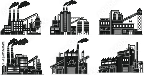 Industrial factory set vector illustration with manufacturing plants, smokestacks, recycling facility and heavy industry buildings isolated on white background for energy, produc