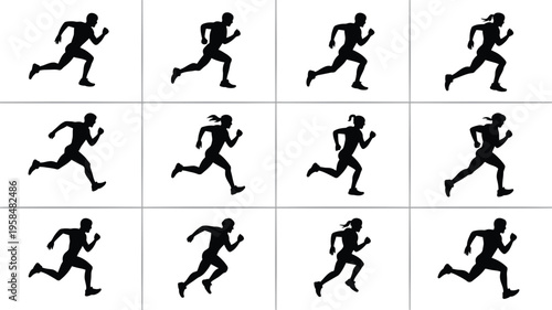 Series of stylized black silhouettes of athletic runners in motion captured in a grid layout with dynamic poses mid stride showcasing energy fitness and active lifestyle concepts