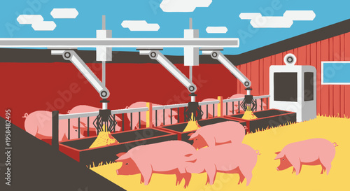 Robotic Arms Feeding Pigs in Modern Farm.