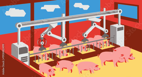 Robotic Arms Processing Pigs on a Factory Line.