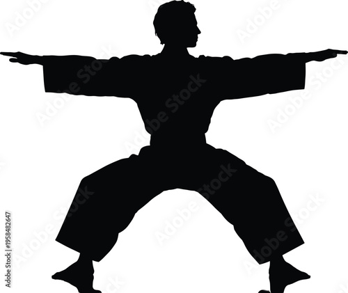 Karate martial artist silhouette in wide stance pose isolated on white background, demonstrating strength, balance, discipline, traditional training and self defense concept.