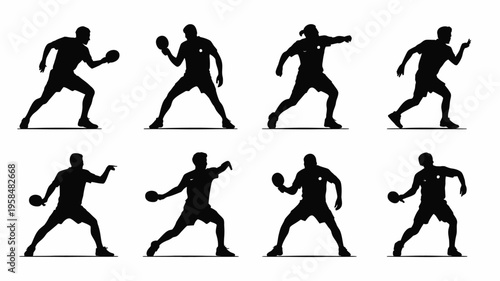 Dynamic silhouettes of athletes playing table tennis in motion showcasing intense action and competitive spirit through fluid poses in a minimalist black and white style