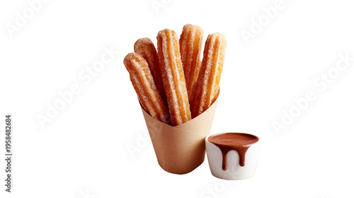 Freshly fried churros in a paper cone with a side of chocolate dipping sauce isolated on transparent background