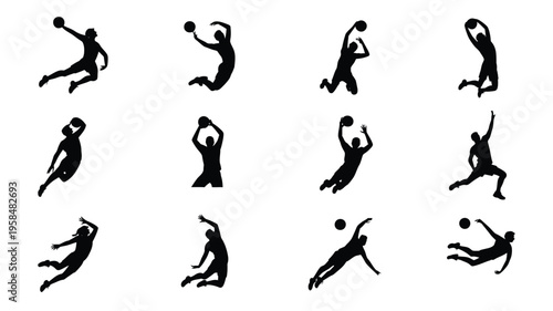 Dynamic silhouettes of athletes playing volleyball showcasing various actions like spiking serving and diving in a minimalist black and white vector style perfect for sports