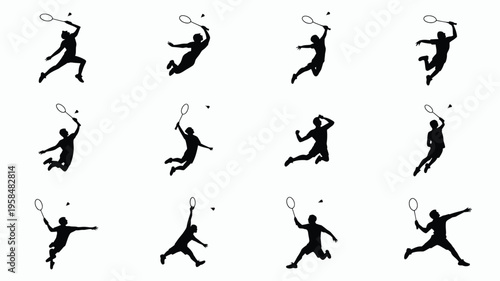 Dynamic silhouettes of athletes playing badminton in various poses showcasing action motion and energy in a minimalist black and white vector illustration style
