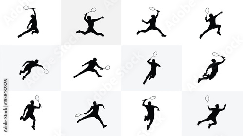 Silhouettes of athletes performing dynamic tennis movements in mid air showcasing a variety of poses and actions with a clean minimalistic background