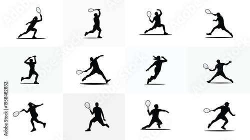 Dynamic silhouette illustrations of diverse athletes playing tennis showcasing various stances and movements in a minimalist style