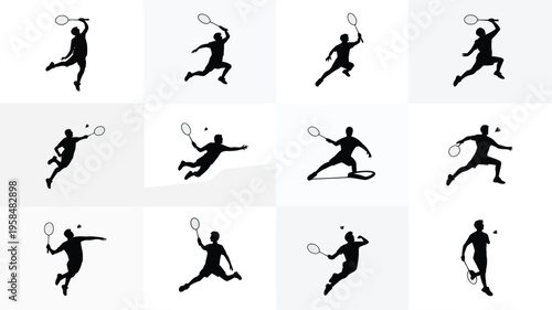 Dynamic silhouettes of players in motion during intense badminton matches showcasing athletic poses racket swings and shuttlecock action in minimalist black and white design