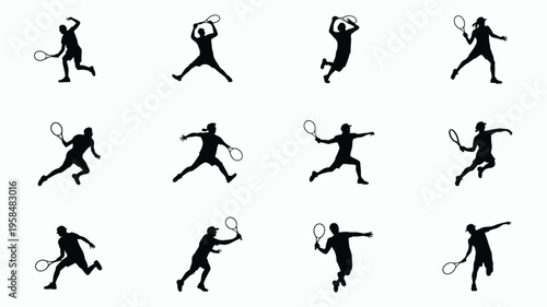 Dynamic black silhouettes of tennis players in various action poses featuring serving hitting and celebrating isolated on a clean white background for sports design