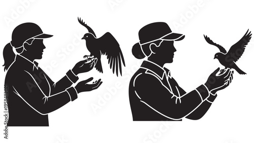 Wildlife rescue volunteer gently releasing a small bird from cupped hands, symbolizing freedom and nature conservation, black silhouette isolated on white background.