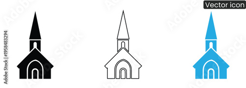 Set of church building vector icons in black, white and blue colors for design and branding use