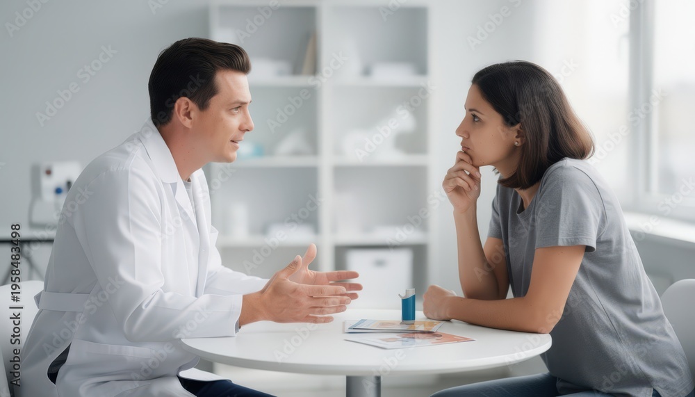 Obraz premium Medium shot capturing a patient reviewing asthma treatment benefits with a specialist the detailed conversation sharp against a softly blurred clinical setting.