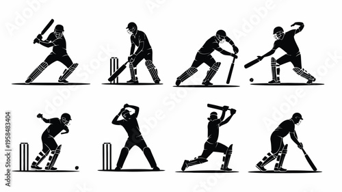 Silhouette illustration of cricket players in action batting bowling and fielding in dynamic motion isolated on white background vector art style sports activity