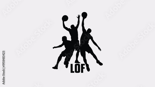 Silhouettes of three athletes playing basketball in dynamic action with a ball isolated on a clean white background minimalist design