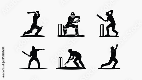 Silhouettes of cricketers in action batting bowling and wicketkeeping dynamic poses on minimalist background vector illustration