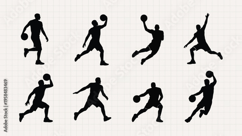 Athletes in dynamic basketball poses silhouetted figures dribbling jumping and shooting in mid air isolated on white background