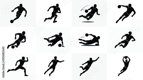 Dynamic silhouettes of athletes in action performing various sports activities including running jumping and throwing depicted in bold black and white vector art style