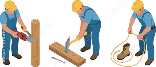 Isometric construction workers using chainsaw hammer and tying safety boots preparation woodworking tasks professional labor industrial illustration scene