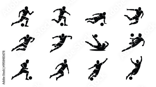 Dynamic black silhouettes of soccer players in action kicking dribbling and diving isolated on white background showcasing athleticism and energy in vector art style