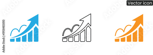 Three vector icons of growing business graph with arrow pointing up, symbolizing growth and success, in blue, black, and orange colors.