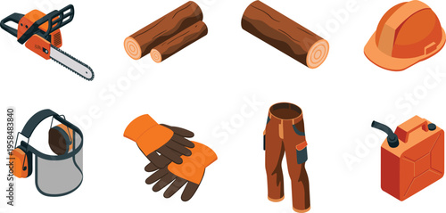 Isometric forestry tool set with chainsaw wood logs helmet gloves pants fuel can and protective equipment illustration collection