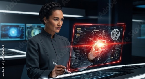 Expert operating an immersive artificial intelligence holographic interface in a high-tech command center for strategic insights
