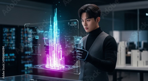 Professional interacting with an advanced artificial intelligence holographic interface to visualize future urban development