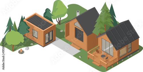 Isometric modern tiny houses in forest with wooden cabins deck campfire eco homes nature landscape architecture illustration peaceful living