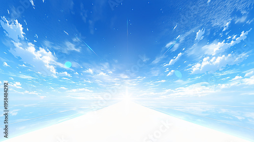 未来へ続く光の道と青空の近未来空間イラスト