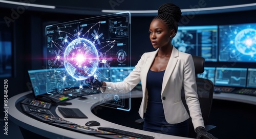 Woman interacts with artificial intelligence holographic interface in futuristic control room
