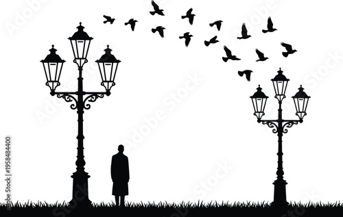Lonely man silhouette standing between vintage street lamps in park with flying birds forming heart shape, romantic evening city park vector illustration landscape