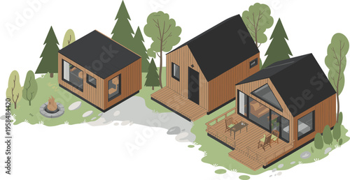 Isometric wooden cabin houses in forest with deck campfire modern tiny homes nature retreat landscape illustration cozy living concept