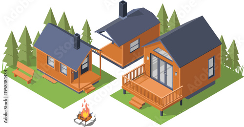Isometric wooden cabins with campfire in forest setting modern cottages showcasing cozy outdoor living vacation retreat in natural environment