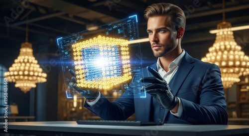 Executive engaging with artificial intelligence holographic interface for future data insights