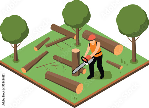 Lumberjack cutting logs illustration, chainsaw forestry work deforestation timber industry isometric vector scene wood harvesting environment concept design