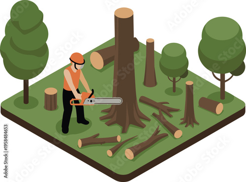 Lumberjack cutting tree illustration, deforestation logging chainsaw forestry work isometric vector scene wood industry environment concept design