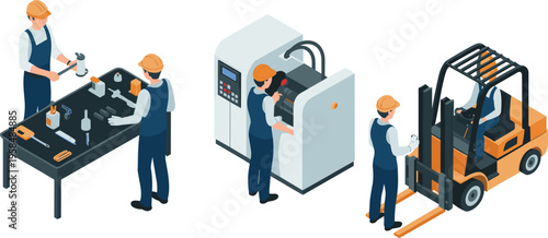 Manufacturing process icon set, factory workers machinery forklift industrial production isometric vector illustration assembly line engineering concept design