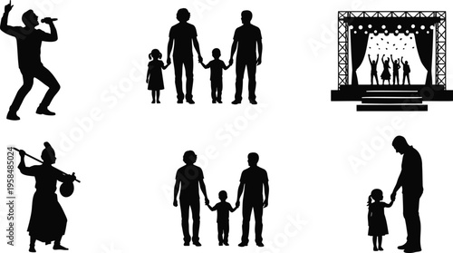 Performance and family vector illustration with singer stage and parents walking together in black