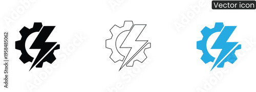 Three gear and lightning bolt icons in black, line art, and blue, symbolizing innovation, technology, and energy, on a clean white background.