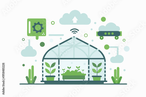 Smart greenhouse with automated systems and connected technology illustration